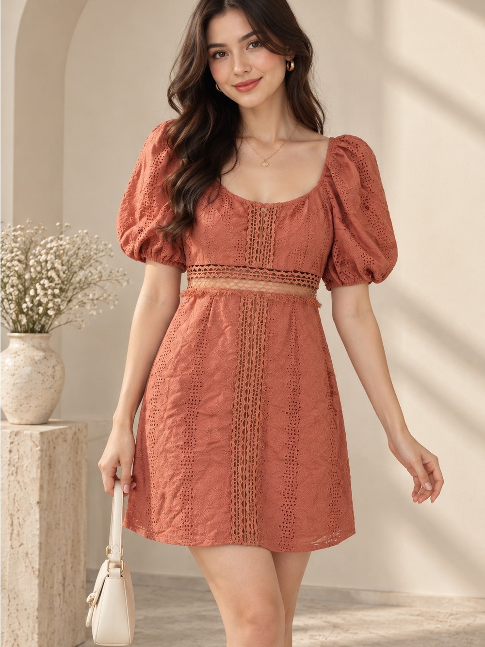 Selfie Leslie Rust Eyelet Lace Puff Sleeve Mini Dress XS
